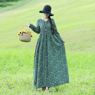 full sleeve green Винтажное женское платье в этническом стиле с цветочным принтом, свободное, v-образный вырез, хлопок, лен, плотное платье Mori Girl, Пляжное, праздничное, бохо платье трапециевидной формы Vestidos - Цвет: full sleeve green