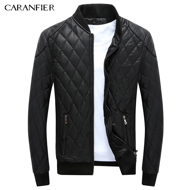 Black CARANFIER/мужские кожаные куртки, пальто для езды на мотоцикле, искусственная куртка для мужчин, Осень-зима, Мужская модная бархатная Толстая клетчатая куртка из искусственной кожи - Цвет: Black
