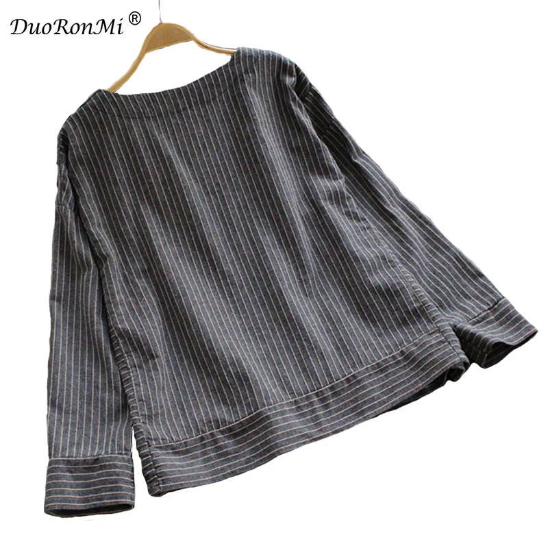 Women Shirts Vintage Spring Fashion Cotton Linen Tops Plus Size O Neck Hooded Stripe Loose Blouse Long Sleeve Ladies Shirt |