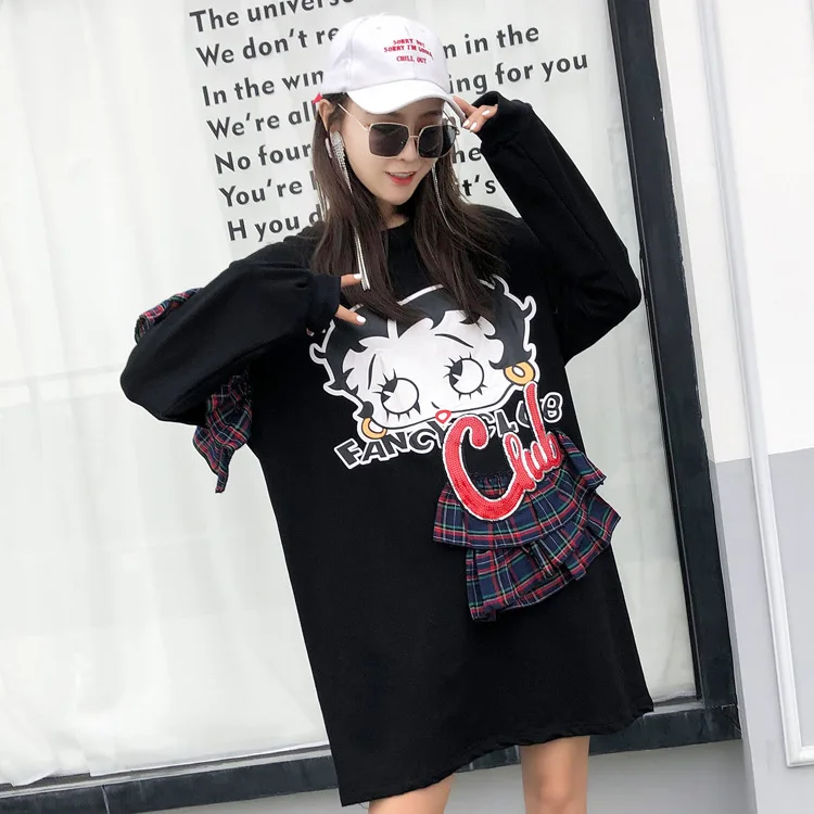 Women's sweater Thai street fashion 2019 spring new cartoon beauty letters sequins spell retro plaid loose T-shirt skirt women | Женская