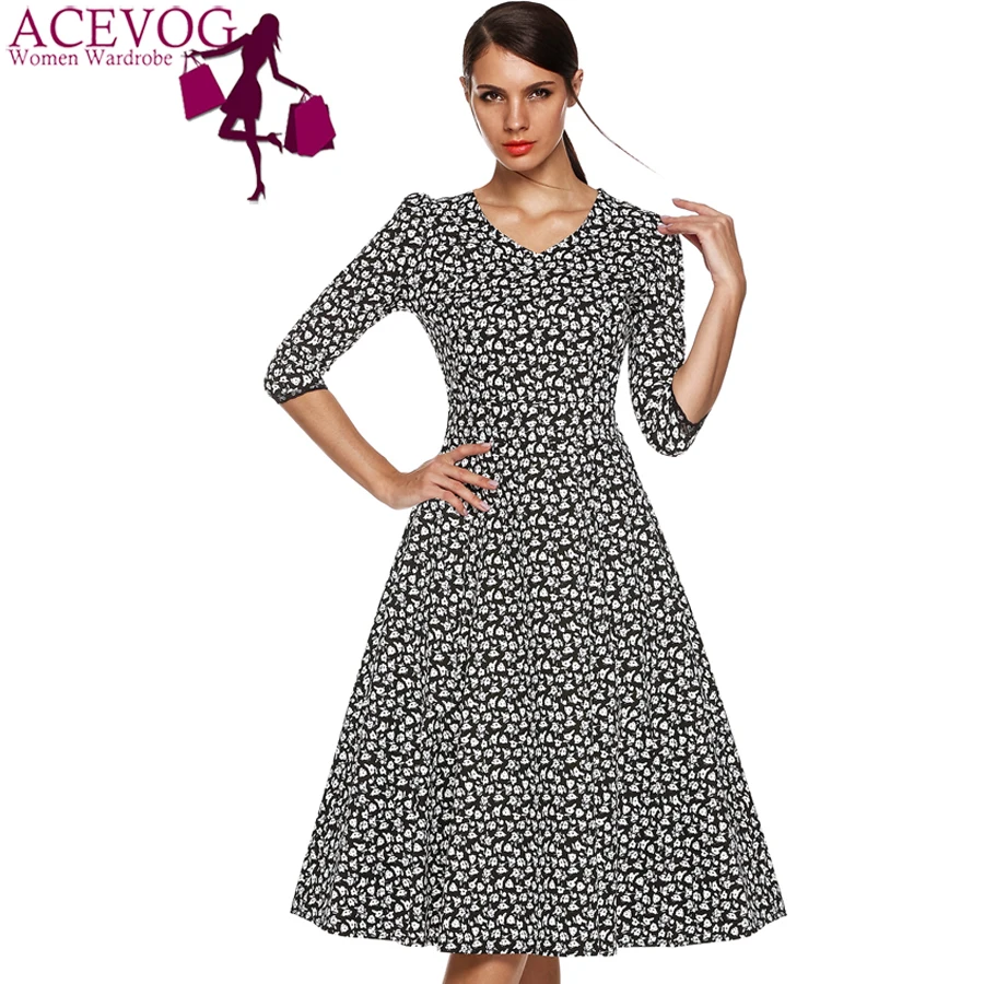 Женское платье с рукавом 3/4 ACEVOG элегантное винтажное рокабилли и цветочным