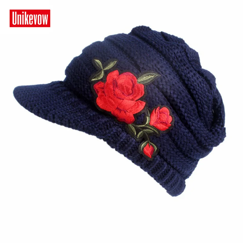 

UNIKEVOW New arrival Embroidery rose beanie Casual hat with visor for Women Button cap for autumn spring winter ladies hats
