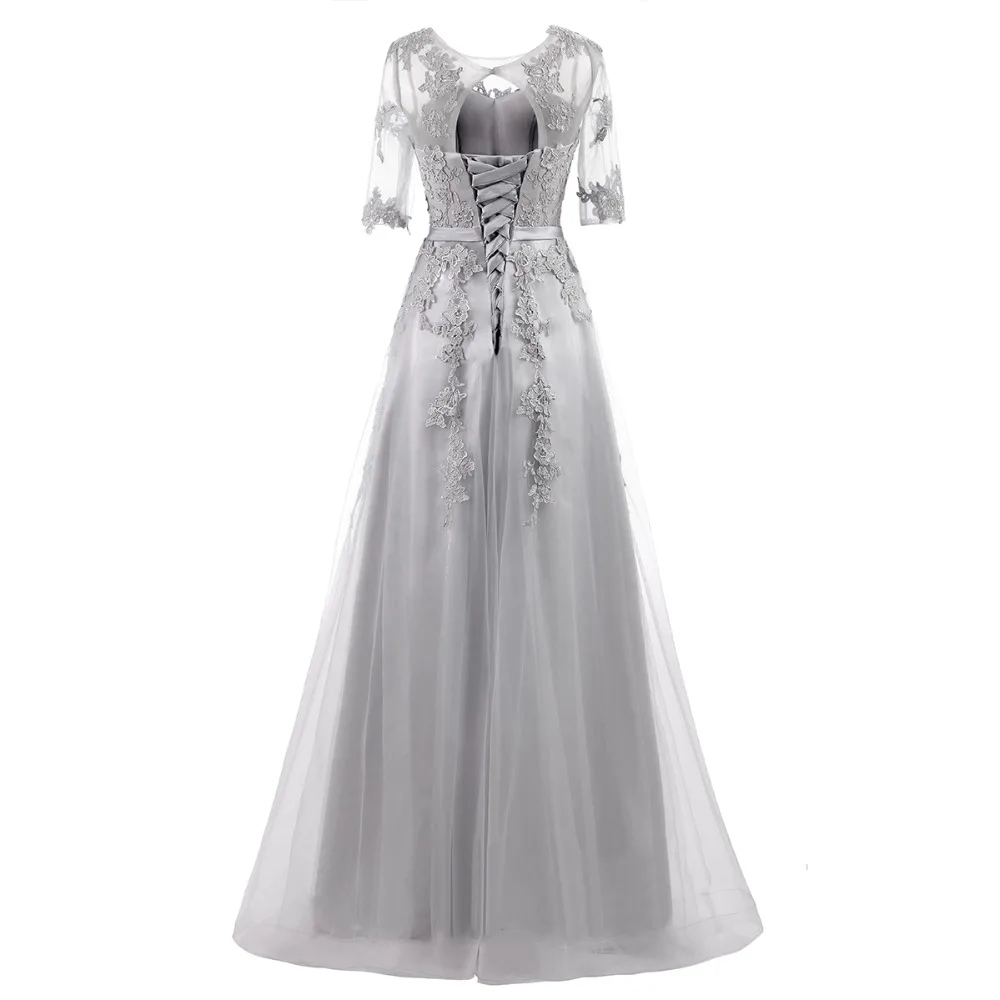 Robe De Soiree, элегантное вечернее платье для банкета, серебряное, рукав до локтя, прозрачное, кружевное, с вышивкой, ТРАПЕЦИЕВИДНОЕ, длинное, официальное платье на заказ