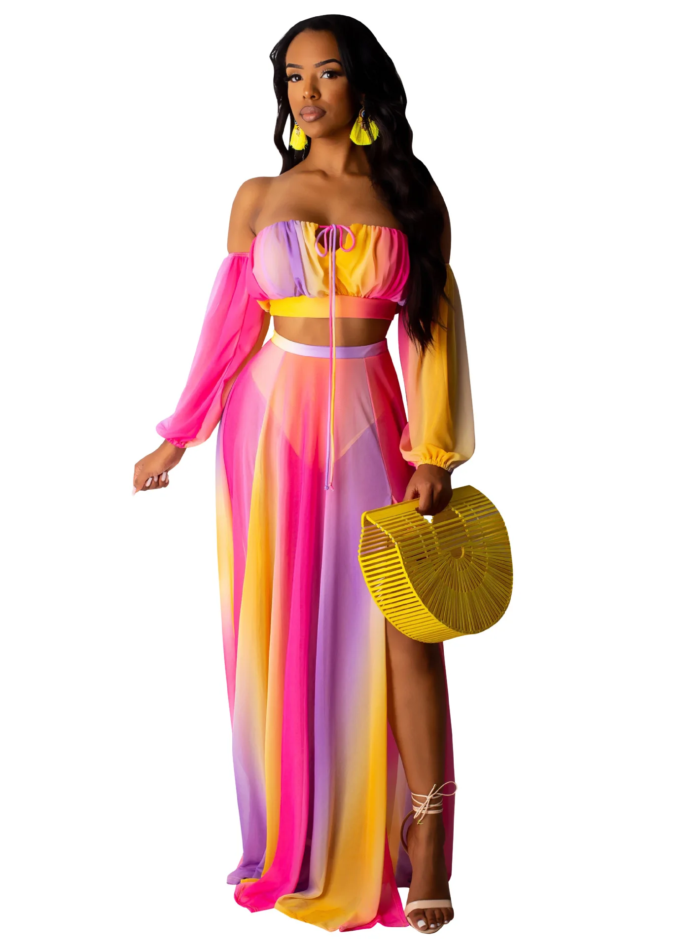 Летняя женская сетчатая шифоновая кроп топ с длинным рукавом и открытыми плечами