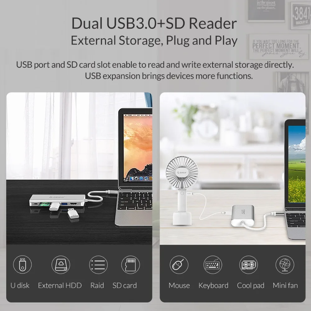 ORICO USB C концентратор Type к USB3.0 HDMI VGA SD адаптер с зарядными портами для Samsung S9 Note 8 Huawei