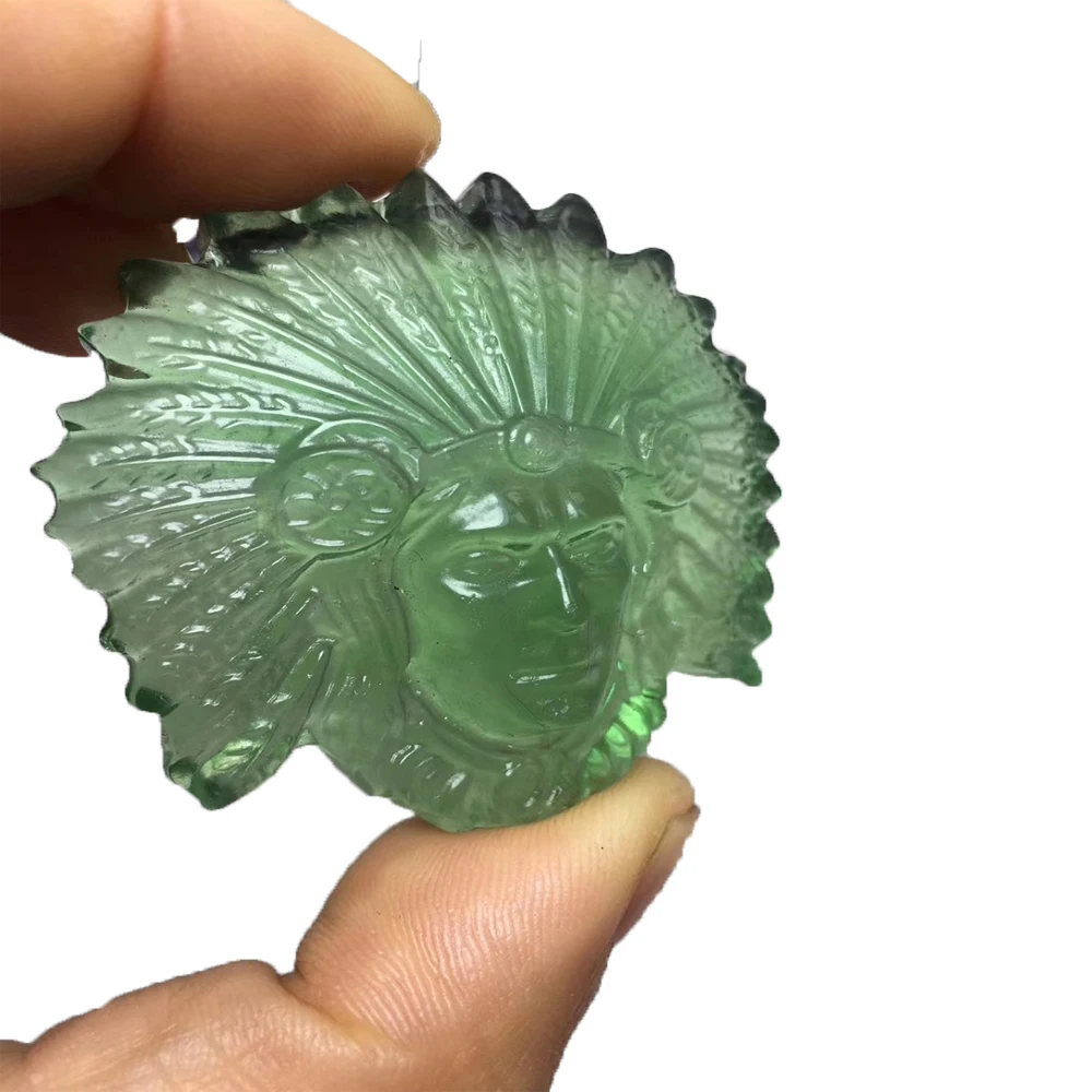 

Crystal Indians Skull Figurine Natural Gemstone Green Fluorite Crystal Carved Stone Statue Home Decor