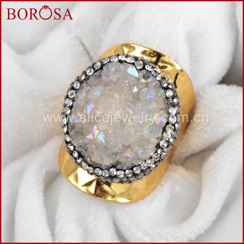 Кольцо золотого цвета BOROSA Druzy круглый титановый браслет с натуральным камнем