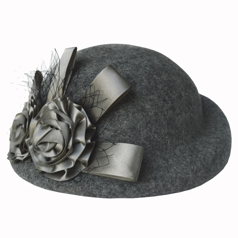 Серый Женская шерстяная шляпа Fedoras с цветочным узором для девочек, шерстяная женская шапка для бассейна, милая Повседневная шерстяная шапка в рыбацком стиле, регулируемая B-8728 - Цвет: Серый