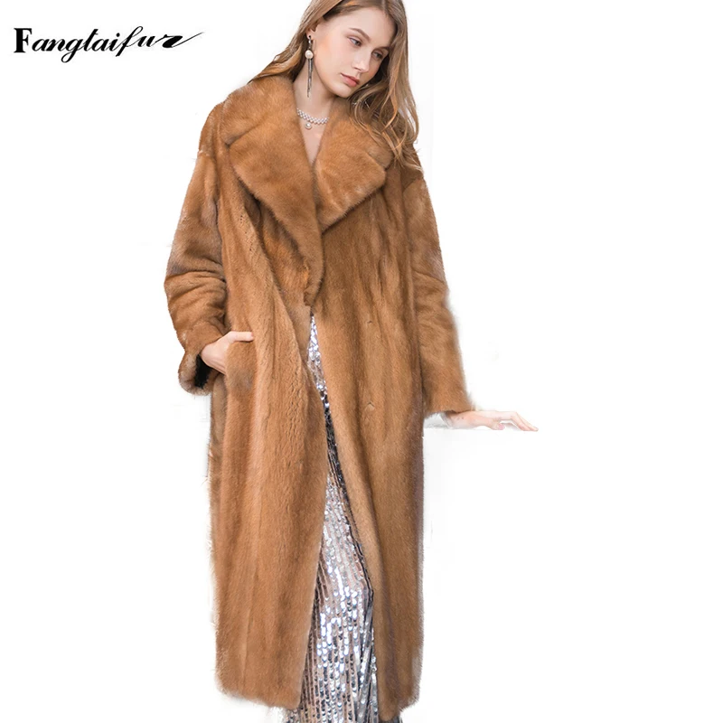 

Ftangaiur New Winter Import Velvet Mink Fur Turn-Down Collar Full Sleeve X-Long Mink Coat Pure Brown Soft Real Mink Fur Coats