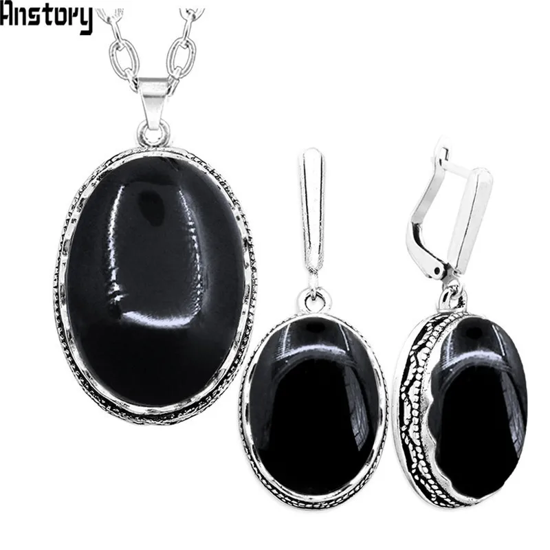 Black Stone Цветок подвеска Овальный Природный камень Цепочки и ожерелья Серьги комплект ювелирных изделий для Для женщин Античная Посеребренная Нержавеющая сталь цепи TS336 - Окраска металла: Black Stone