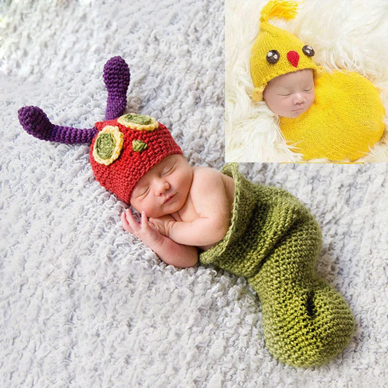 Newborn Yellow Little Chick Chicken Cosplay Costumes for Little Baby Photo Props Handmade Knitted Gift Sleeping Bag