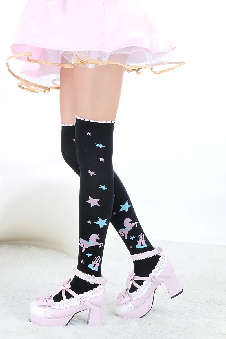 

Japanese Style Girls Sweet Lolita School Girl Star hobbyhorse printed Over Knee Socks Stockings for women maid stocking cosplay