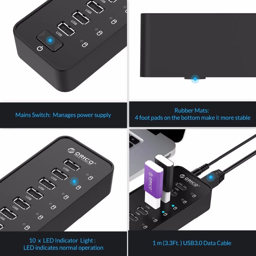 ORICO P10-U2 10 портов USB2.0 концентратор 12V2. 5A блок питания с кабелем передачи данных 1,5 м огнестойкий ABS для ПК Mac ноутбука черный