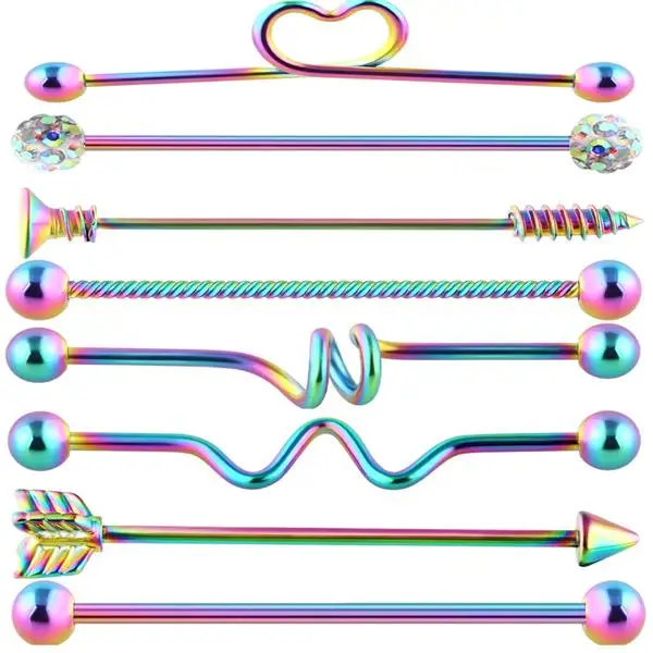 rainbow set TIANCIFBYJS 14 г 1-8 шт нержавеющая сталь промышленные серьги-гантели сердце стрелка радуга ушной хрящ хеликс-раковины пирсинг ювелирные изделия - Окраска металла: rainbow set