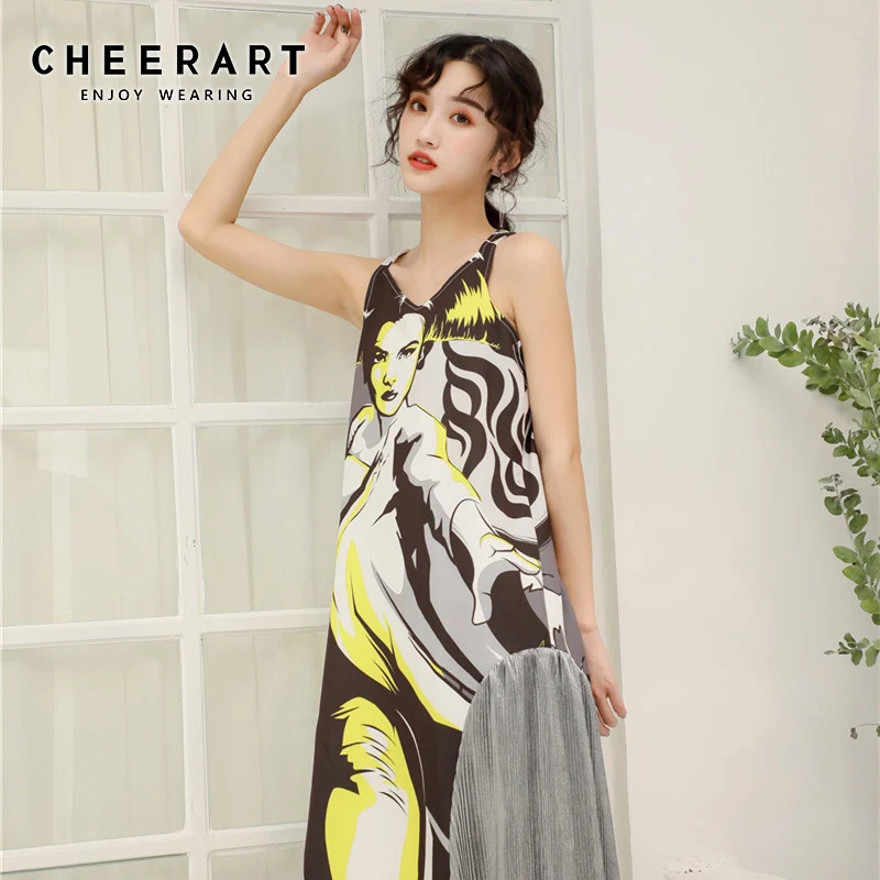 Cheerart длинное платье без рукавов Летнее асимметричное дизайнерское платье на бретелях с принтом женское платье средней длины в стиле пэчворк одежда