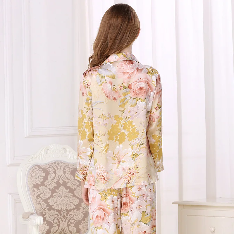 16 momme Elegant noble 100% genuine silk pajama sets women autumn long sleeve sexy peonies flower pyjamas women sleepwear