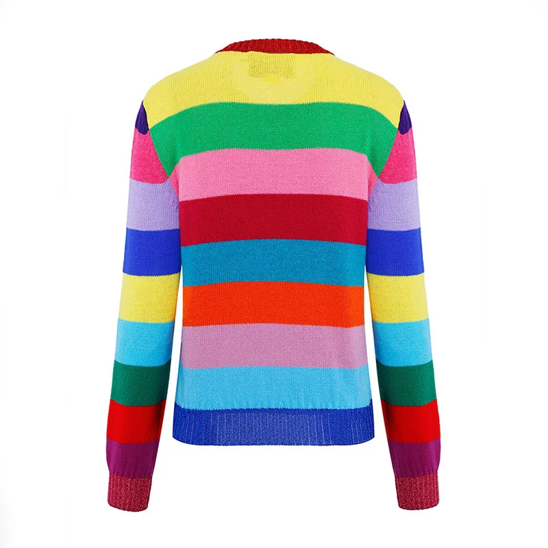 Женский трикотажный свитер в радужную полоску с длинным рукавом и блестками |