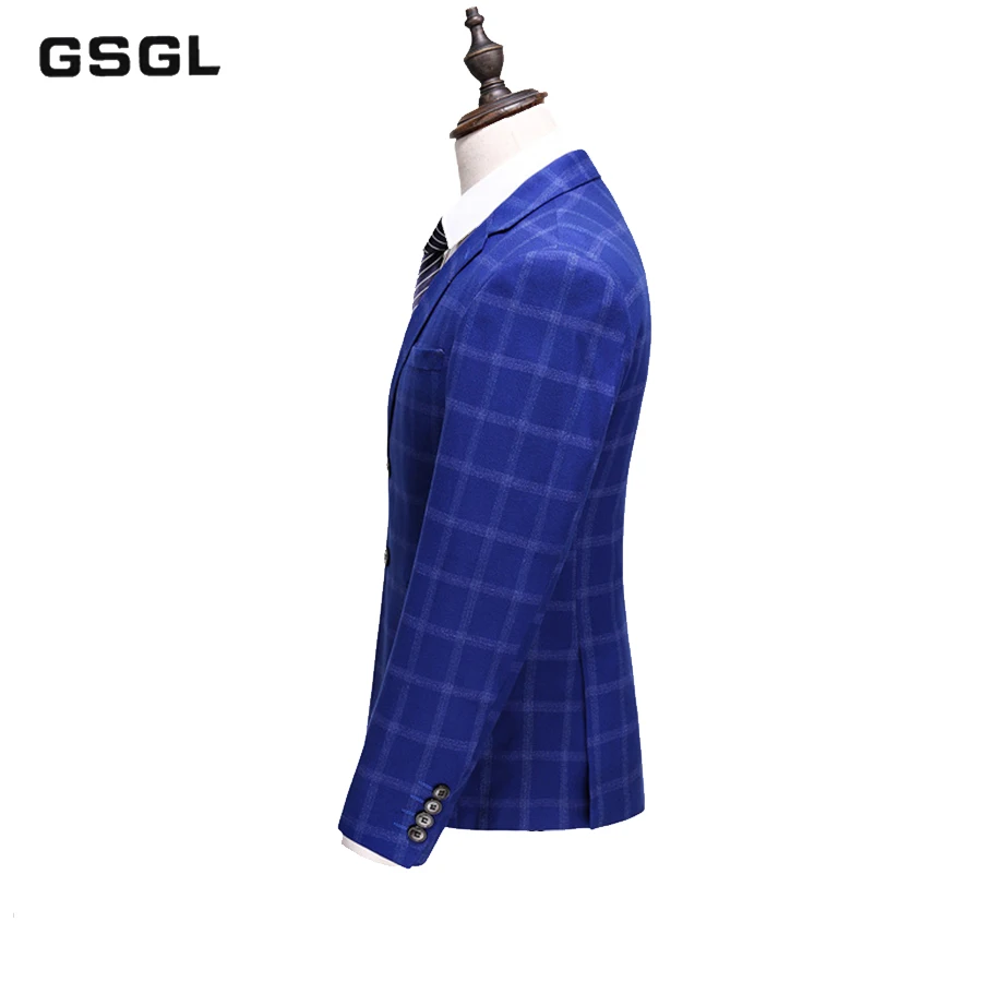 Мужской деловой костюм из 3 предметов темно синий клетчатый приталенный