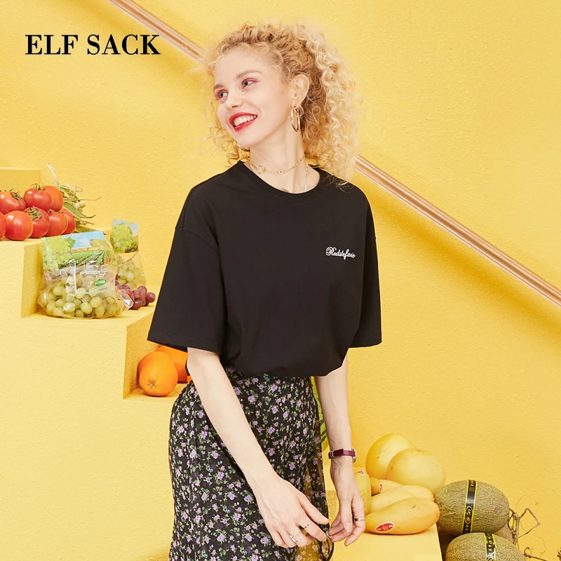 ELFSACK весна 2019 новинка Хлопковая женская футболка повседневная тканая короткая с