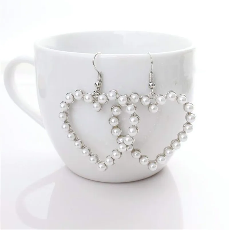 2018 Vintage Geometric Love Heart Shape Big Pearl Drop Dangle Earrings Retro Gold Silver Hang fashion women's Jewelry | Украшения и