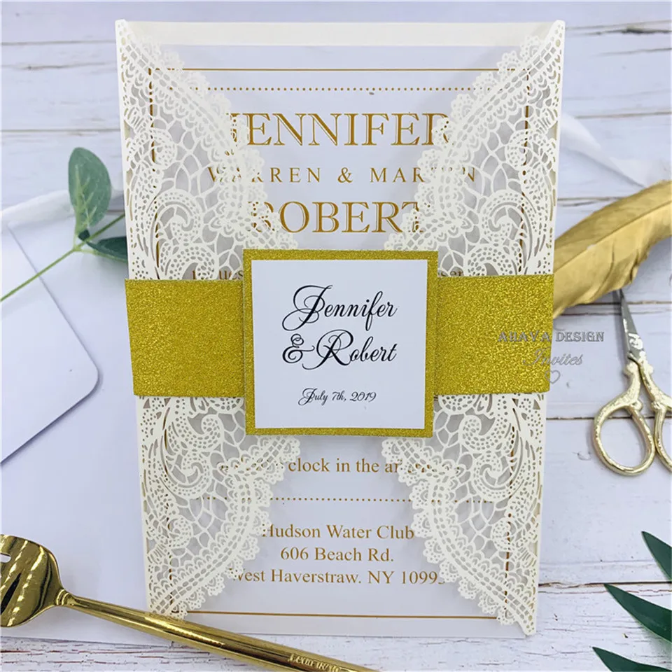 Luxury Pearl Ivory Laser Cut Wedding Invitation With Glitter Gold Belly band Customized Insert | Дом и сад