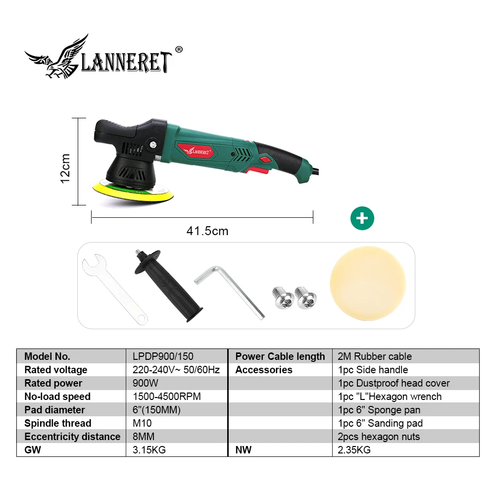 LANNERET 6 ''полировщик двойного действия 900 Вт электрическая полировальная машинка с переменной скоростью ударная и полировальная машина очиститель полировальная подушка