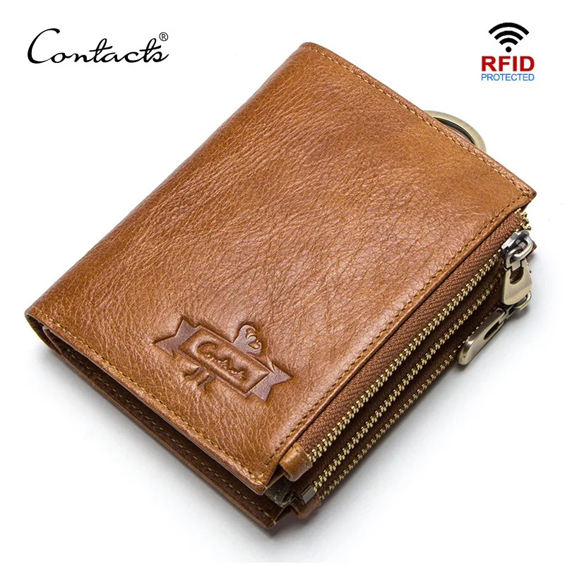 

CONTACT'S genuine leather RFID men wallets credit card holders mens wallet with coin pocket key man chain walet male clasp purse