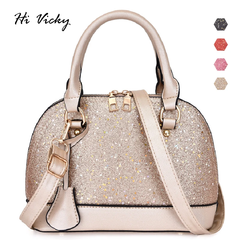 Модная женская сумка в виде ракушки расшитая блестками золотистого цвета 2019