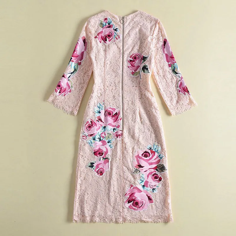 2019 spring and summer European station lace printed applique rose print Slim American big embroidered midi dress | Женская одежда