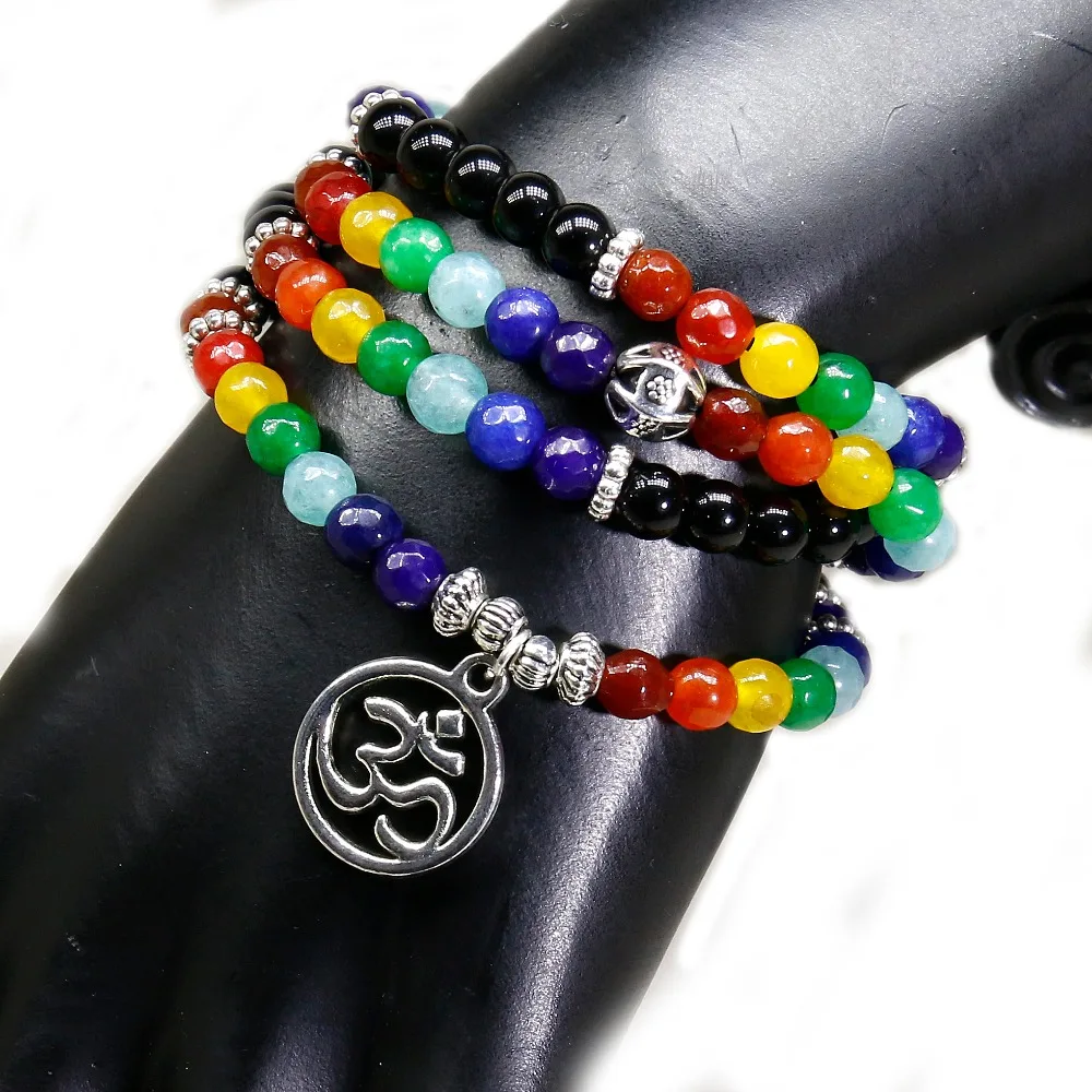 Женский браслет с натуральным камнем Mala Chakra черный оникс 7 чакр Йога медитация