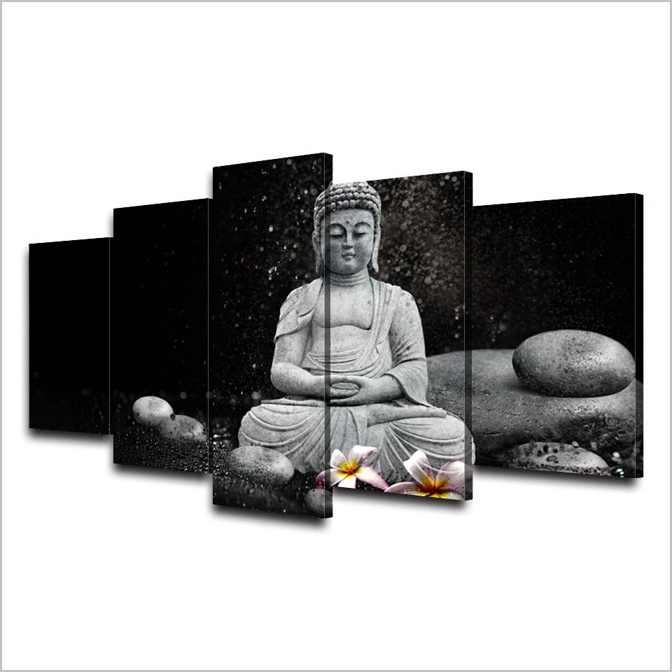 

Modern Canvas Painting Wall Art Pictures 5 Pieces Buddha Meditation Rain Pebble Home Decor Living Room HD Print Poster Framework