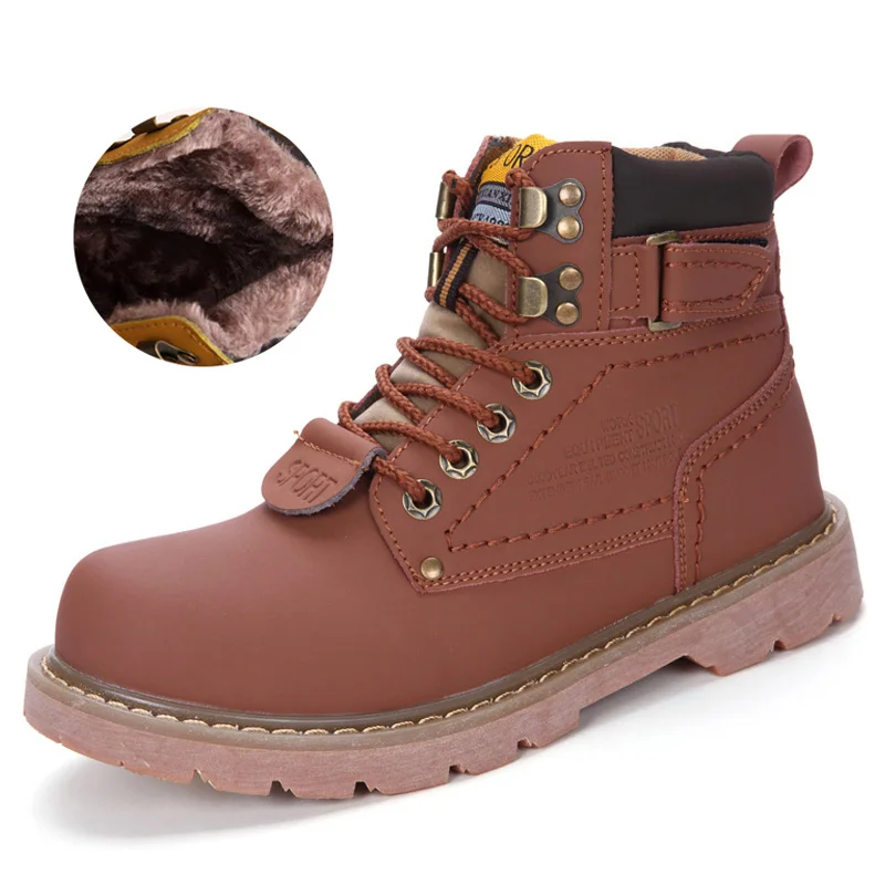 FUR Light Brown ALCUBIEREE/мужские зимние ботинки из натуральной кожи; мужские теплые ботильоны на шнуровке; модные мужские ботинки в байкерском стиле; ботильоны; botas; большой размер 46 - Цвет: FUR Light Brown