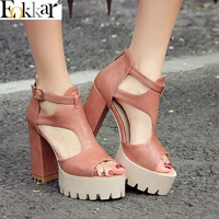 eokkar 2019 classic women platform pumps open toe chunky heel buckle strap shoes square high heel 11cm lady pink shoe size 34 42