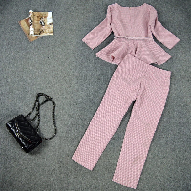 Женский деловой костюм RG блейзер в клетку с оборками осень 2018 размера плюс XL |