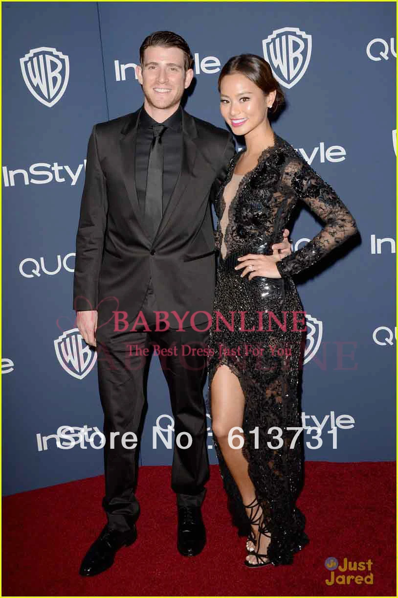 Jamie Chung V Neck Sheer Long Sleeves Side Slit Beads Black Lace 2014 71st Golden Globe Evening Celebrity Red Carpet Dresses | Свадьбы и