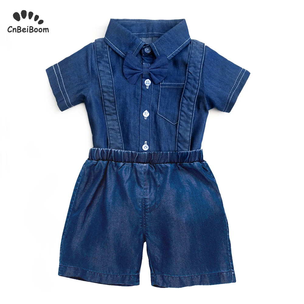 

Baby Boy Denim Gentleman Clothes Set Summer Suit For Toddler Cowboy Shirt romper with Bow Tie overalls Shorts Boys Clothing sets