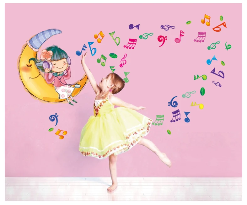 Moon Music Notes Girl School DIY виниловые наклейки на стену для домашнего декора украшения
