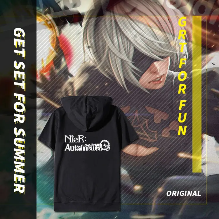 Аниме NieR: Automata 2B косплей, летняя футболка с коротким рукавом, футболки, топы для мужчин и женщин, на молнии, с капюшоном, Повседневная футболка, модная футболка