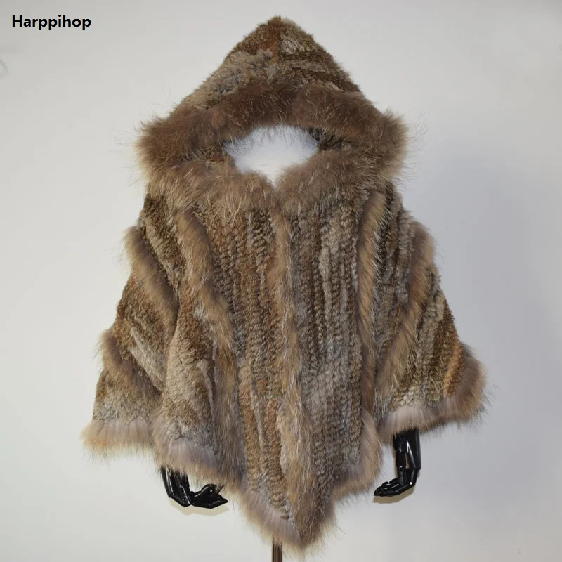 Harppihop Новый Модный женский натуральный вязаный из меха кролика пончо енота