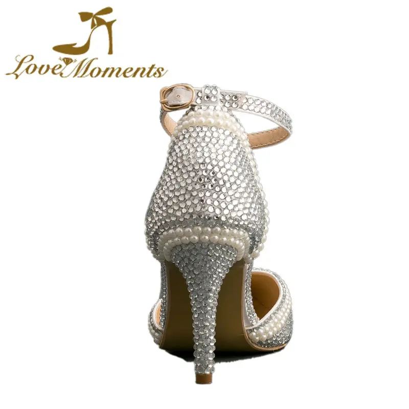 Женские туфли на высоком каблуке 8 см с острым носком и жемчугом|rhinestone wedding shoes|white