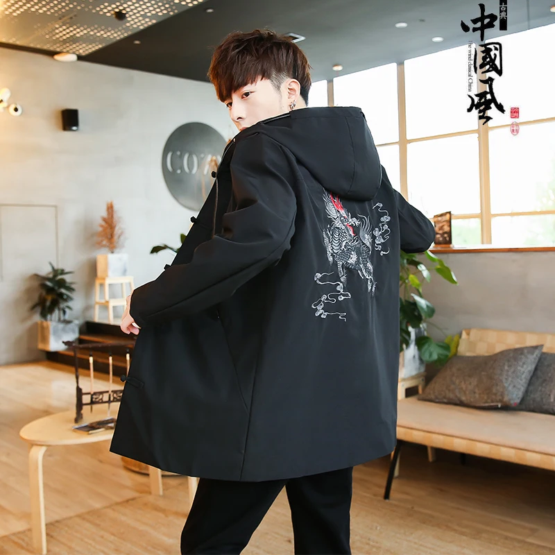 

New autumn and winter men's jacket Chinese style kirin embroidered coat thin casual hooded jacket long national men clothing