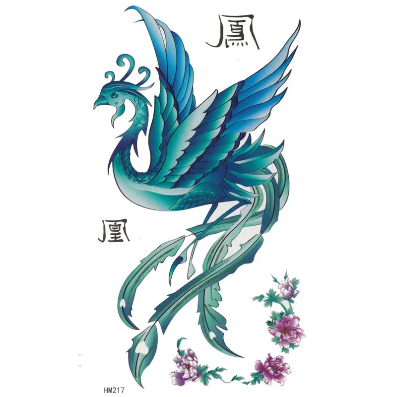 King Horse female waterproof blue phoenix pattern peony Waterproof 17X10CM Arm Tattoo Flash Temporary Sticker for women | Красота и