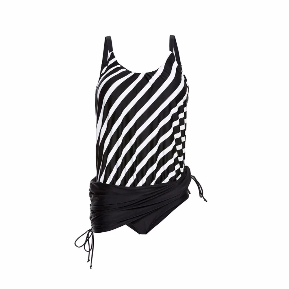 

Striped One Piece Swiming Short Skirt Swimsuit Women Beach Wear Bathing Suit Black Plus Size Swimwear Large Tankini