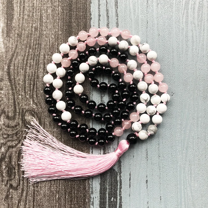 Mala Beads Rose Q-uartz ожерелье ручной работы 108 мала-Йога с кисточкой Белый Howlite Черный