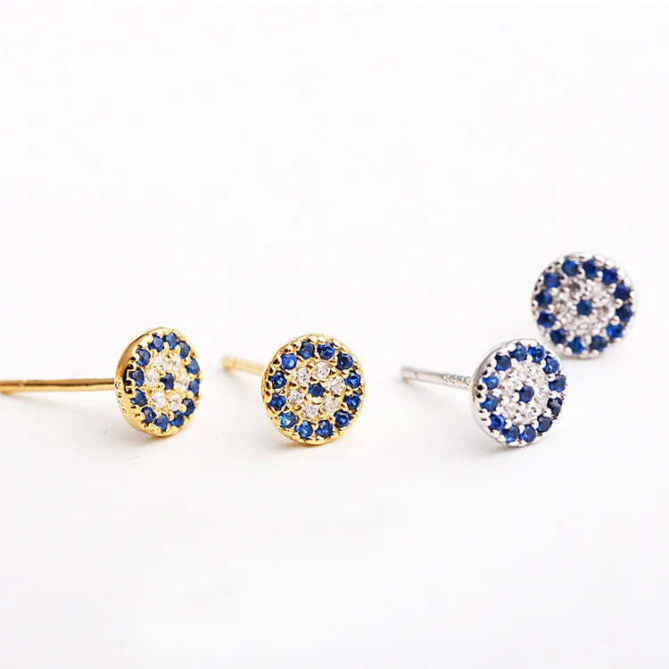 Personality Full Zircon Round Stud Earrings Solid 925 Sterling Silver Talisman Blue Eyes Gold Color Fashion Jewelry gift | Украшения и
