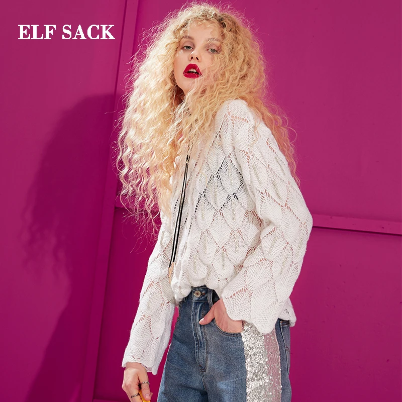ELFSACK, новинка, зимний женский свитер, Повседневный, круглый вырез, полный, однотонный, негабаритный, свитер для женщин, шикарный стиль, свободный женский свитер