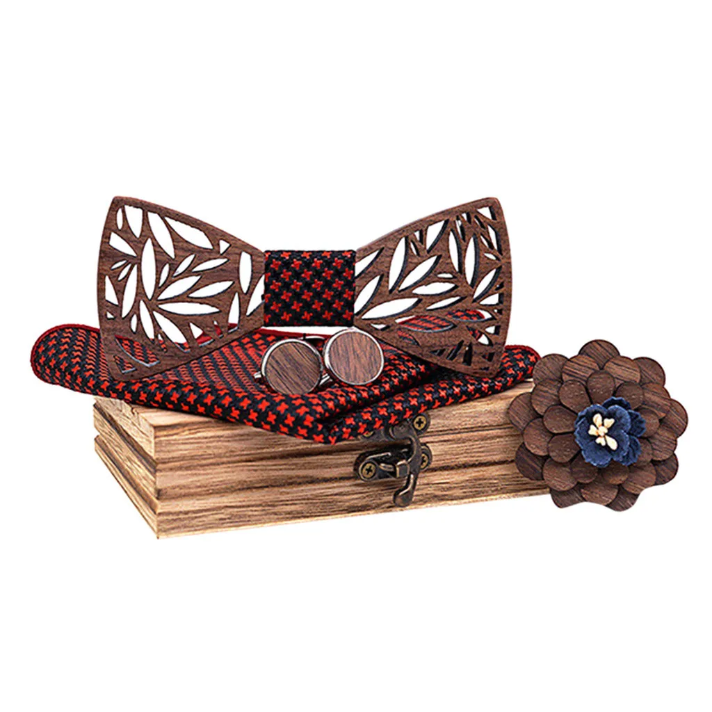 Red Wooden Bow Tie Handkerchief Set Men's Plaid Bowtie Wood Hollow carved cut out Floral design And Box Novelty ties Bowtie - Цвет: Red