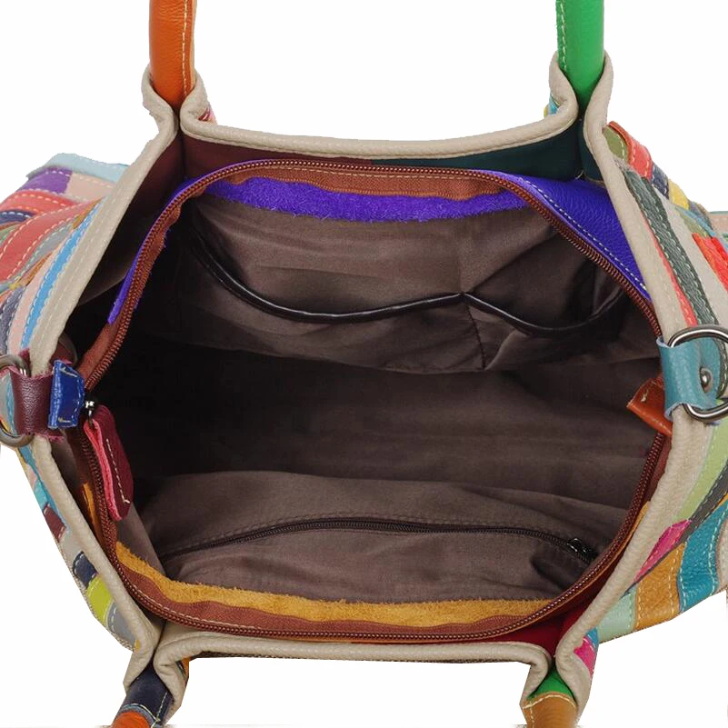Сумка San Maries женская из натуральной кожи модный саквояж в полоску стиле пэчворк