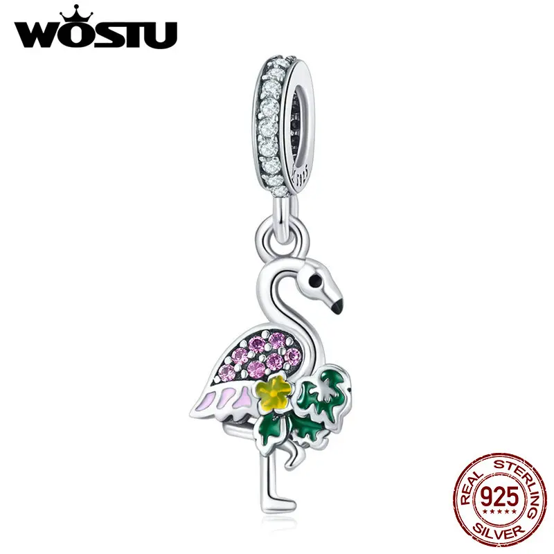 WOSTU, подлинные 925 пробы, серебряные, цветные, фламинго, трендовые подвески, подходят для бусин, браслета, ожерелья, сделай сам, ювелирное изделие, подарок для влюбленных, FIC849