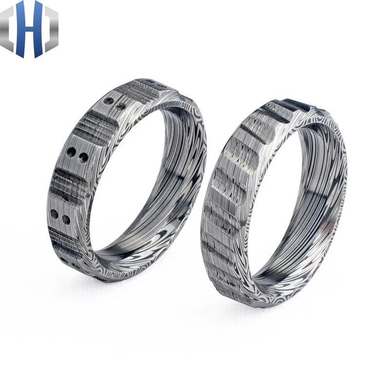 Металлическое кольцо с рисунком пламени 19 мм изысканное из дамасской стали для